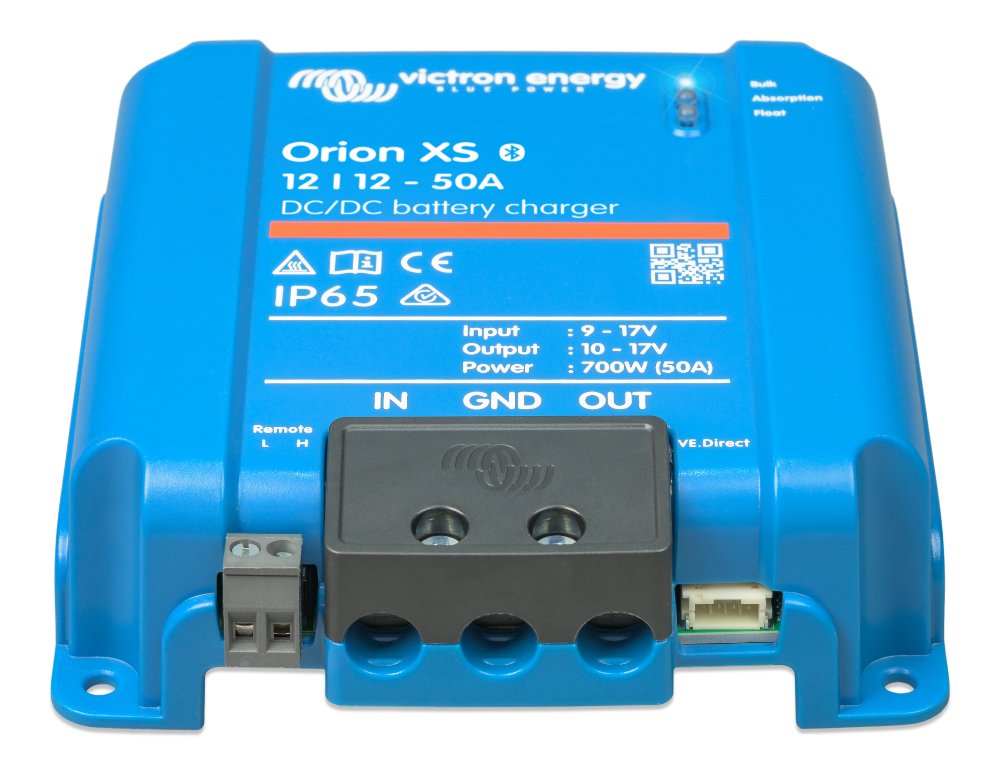 Victron Orion XS 12/12-50A DC-DC-lader for bobil, med tilkoblinger for inn, jord og ut